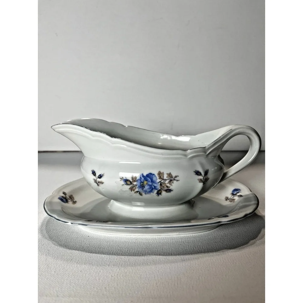 Vintage Edelstein Bavaria‎ Gravy Boat w/ Attached Underplate Blue Floral 🇩🇪